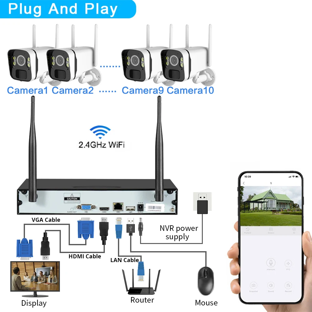 보안 무선 CCTV 카메라 시스템, 원격 모니터링 와이파이 NVR 키트, P2P IP 불릿 카메라 시스템 세트, 8CH, 4MP 태양 전지, 10CH