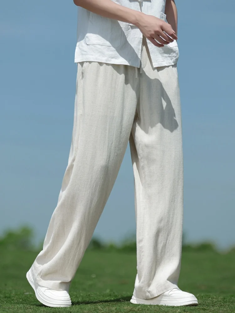 

Men's Summer Thin Wide Leg Linen Pants Loose Fit Casual Retro Cotton Linen Straight Leg Long Trousers Breathable Straight Tube