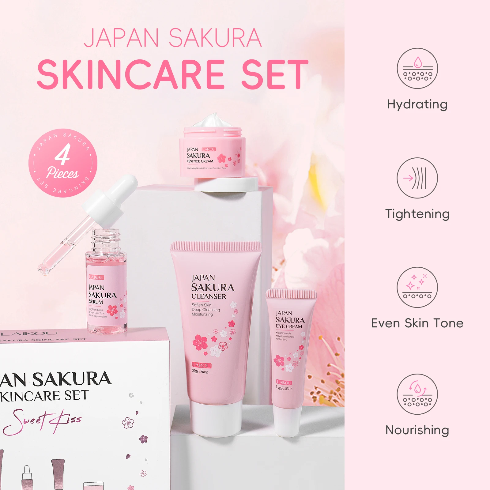 

LAIKOU Japan Sakura Skincare Set Hydrating Brightening Anti-Aging Cleanser Serum Eye Cream Essence 4pcs Gift Set