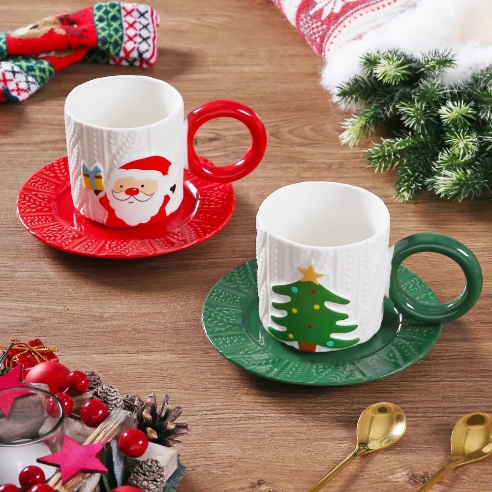 

Embossed Hand-painted Ceramic Cups and Saucers, Creative Hand-painted Santa Claus Elk Coffee Cup Water Cup Set Gift Drinkware