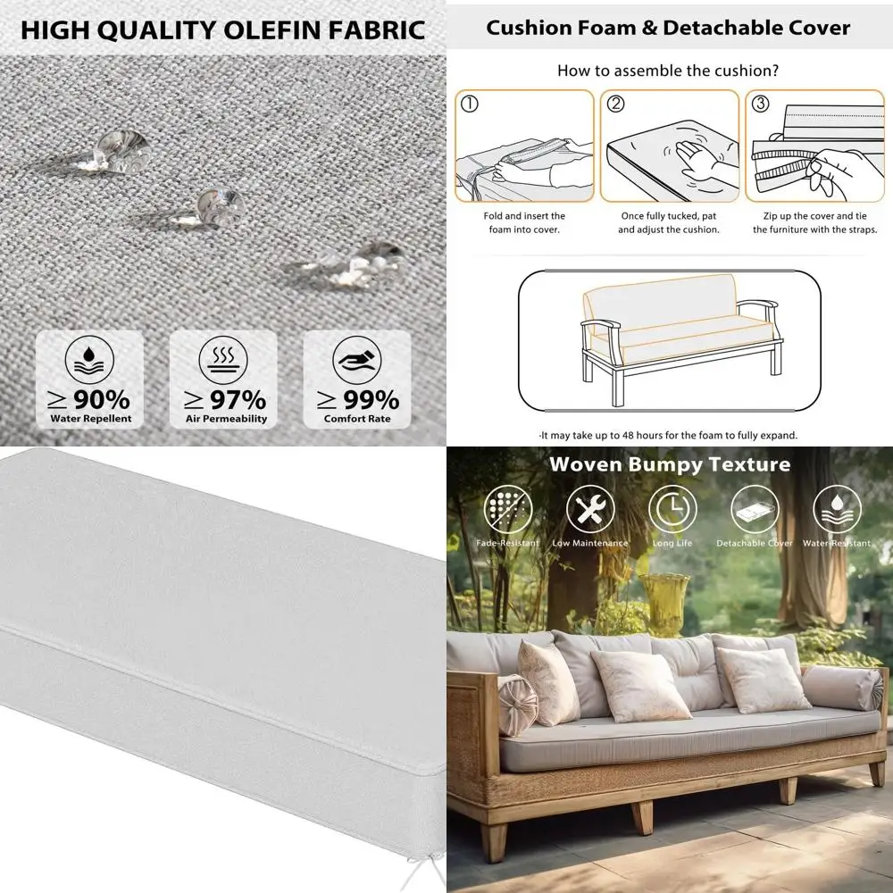 

Light Gray Water-Resistant Loveseat Bench Cushion, 59x18x4 with Straps