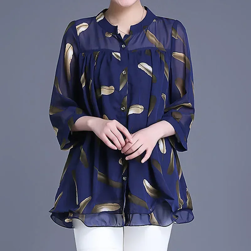

Women's 3/4 Sleeve Casual Printed Chiffon Blouse Summer Fashion New Single-breasted Thin Loose Pullovers Shirt Female Clothing