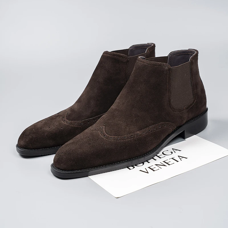 

New Genuine Leather British Retro Square Toe Shoes, Brogue High-top Leather Boots, Suede Embossed Breathable Trend Chelsea Boots
