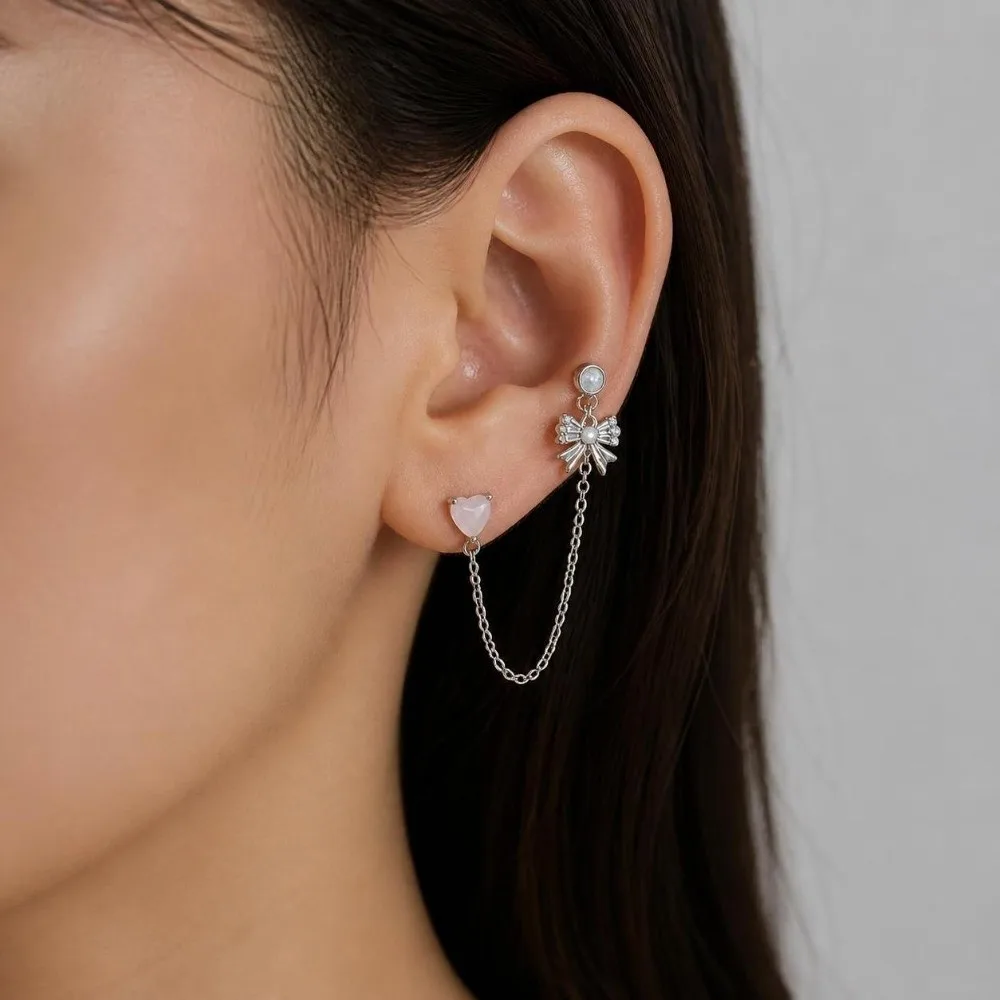 Stainless Steel Ear Bone Nail Earrings Zircon Crystal Chain Design Chain Earrings Silver Color Double Ear Hole