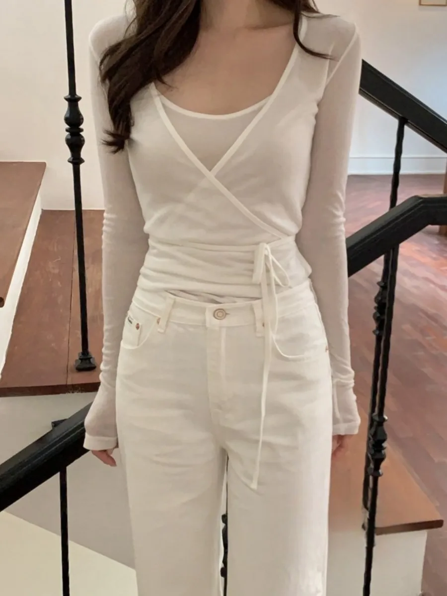 New Sexy Thin Slightly Transparent Two-piece Suit for Women Casual Slim Long Sleeve Cardigan + Suspenders Vintage Sweet Chic Top