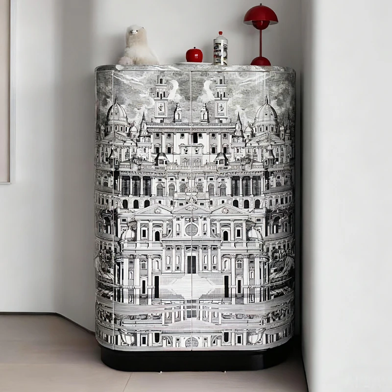 *European Style Modern Simple Luxury Hand-Painted Art Solid Wood Curved Sideboard High-End Villa Wine Cabinet Living Room Storag