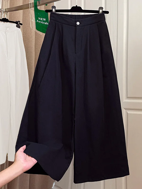 Authentic Fall 2026 Casual Wide Leg Straight Leg Pants Versatile Elastic Waist Nine Point Pants High Waist Button Polyester F...