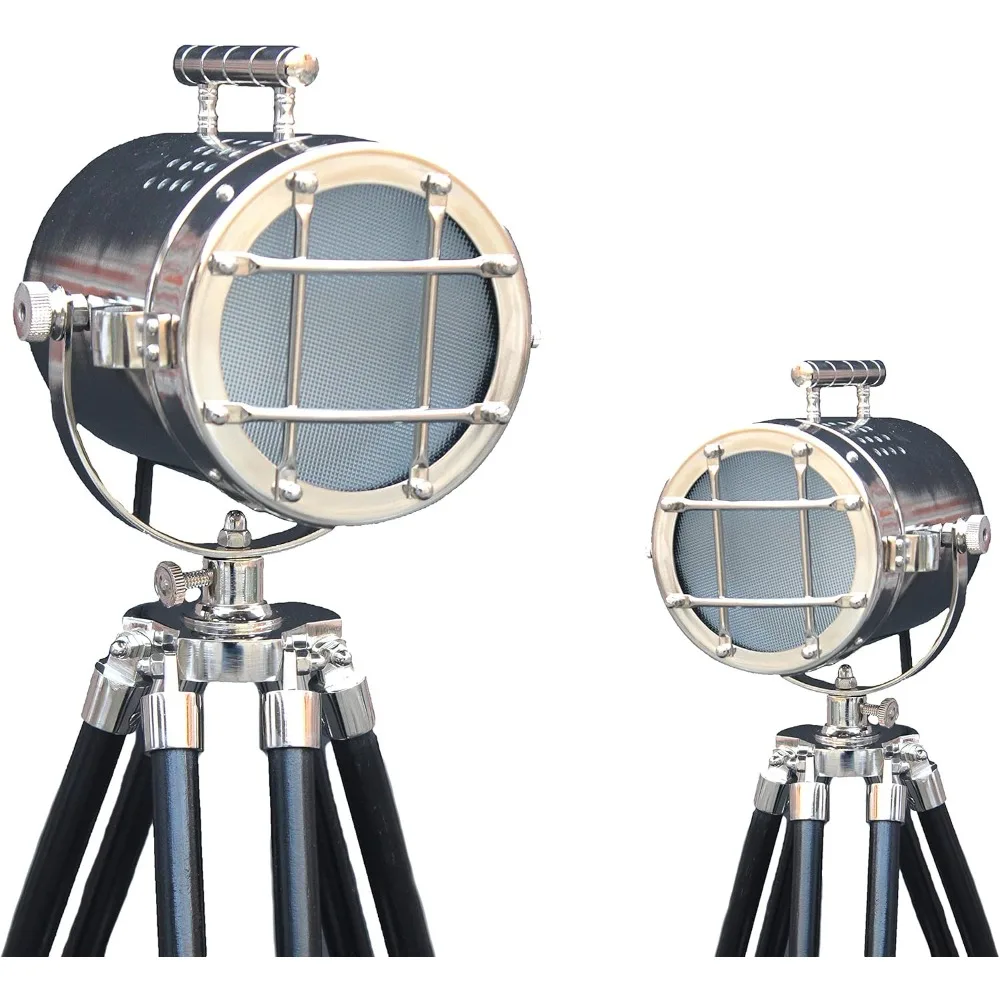 

Marine Antique Tripod Table Lamp – Vintage Nickel Finish Spotlight with Wooden Base LED Searchlight Style Desk Lamp for Home