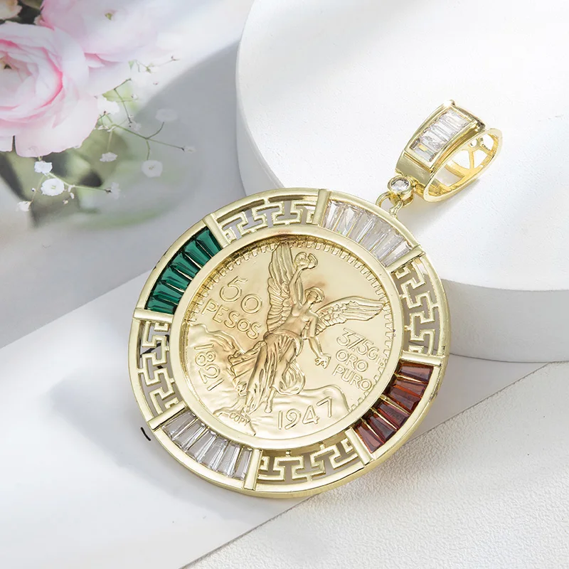 

Fashion Light Luxury 14K Gold Plated Mexican Centenario Moneda 50 Peso CZ Pendant Medal Style