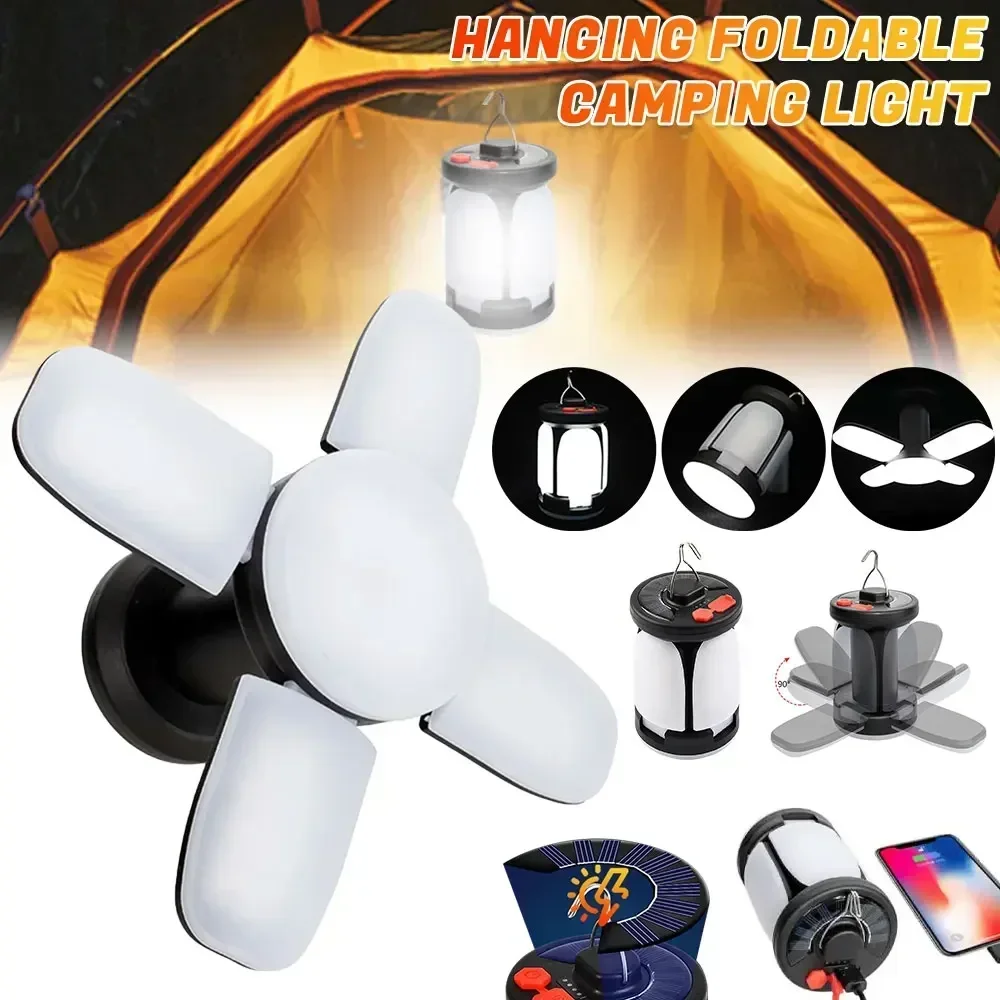 

4-стулный солнечный светодиодный фонарь, перезаряжаемый аварийный фонарик, портативный внешний аккумулятор, складной светильник для палатки для наружного кемпинга, рыбалки