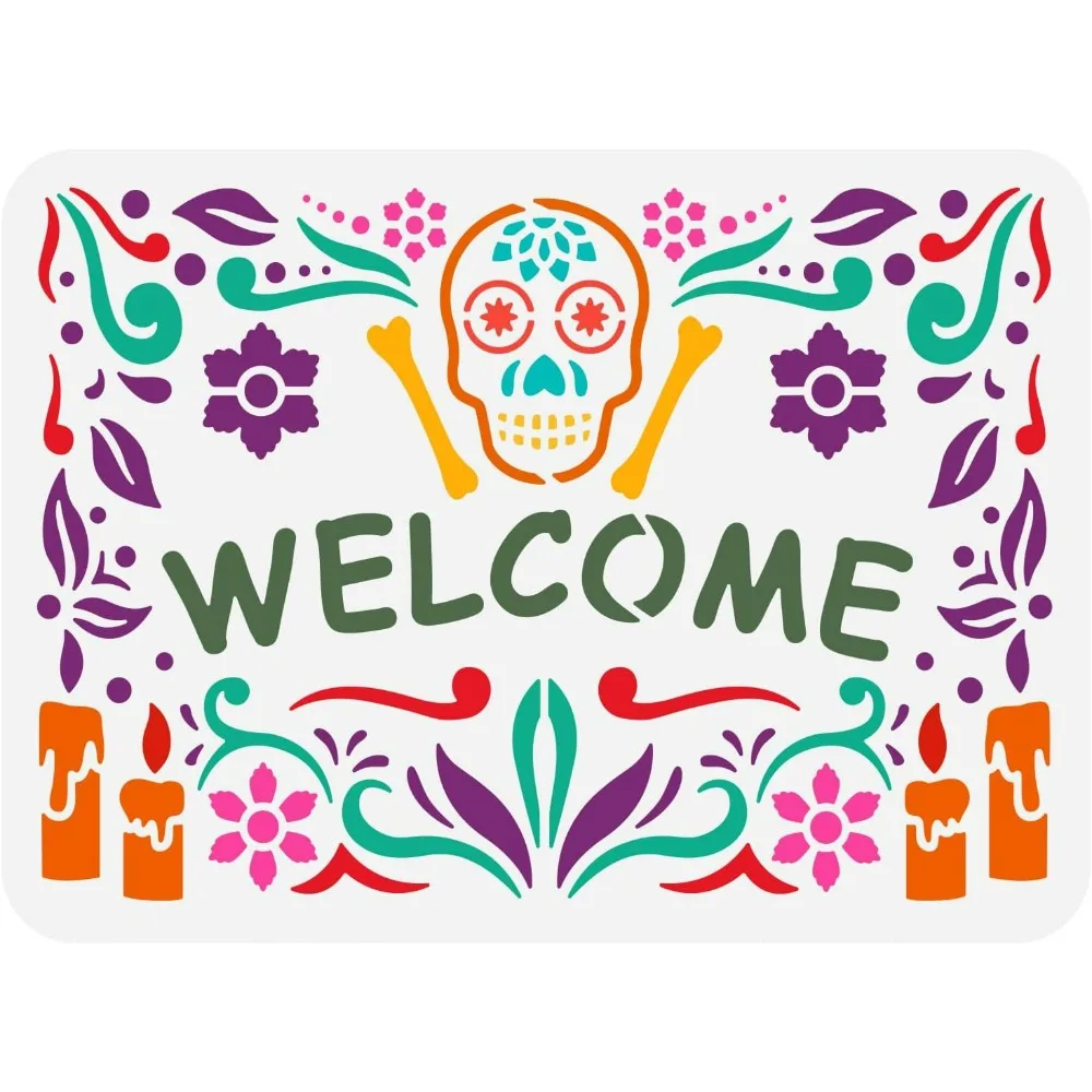 Welcome Stencil 11.7x8.3 inch Day of The Dead Sugar Skull Stencil Plastic Sugar Skull Flowers Candles Patterns Template Reusable