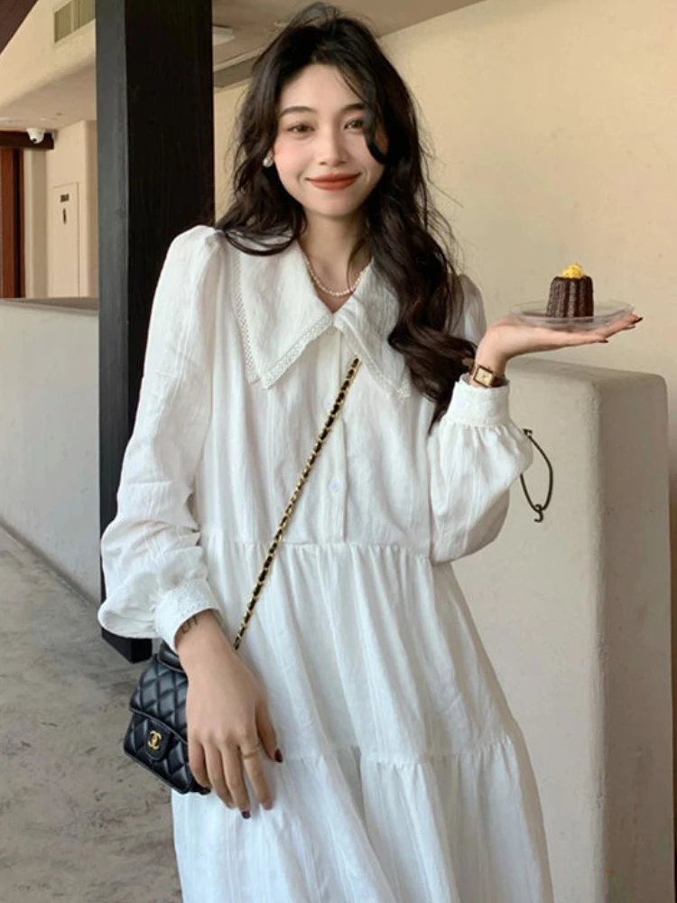 Midi Dresses Women Sweet Loose Tender Ruffles French Style Casual Holiday Lantern Sleeve Soft Fairycore Fashion Simple Students