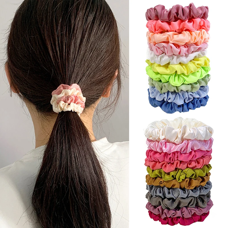 10pcs/pack Women Silk Scrunchie Elastic Hair Bands Multicolor Ponytail Holder Hair Ties Girls Hair Accessories Rubber Band New