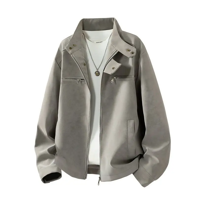 

New Py26488 Men's Leather Jaet PU Leather Stand Collar Workwear Sle American Retro Spring Autumn Long Sve Coat