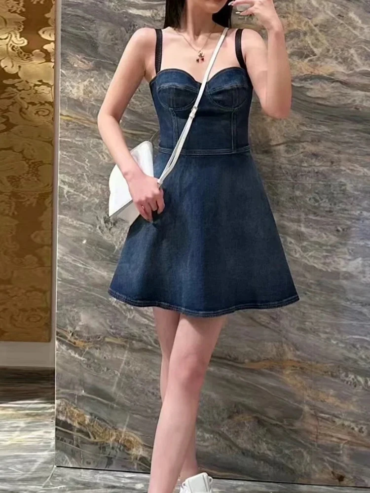 

24 spring and summer women's new denim tube top sling high waist skirt sexy temperament fashion solid color A word dress.