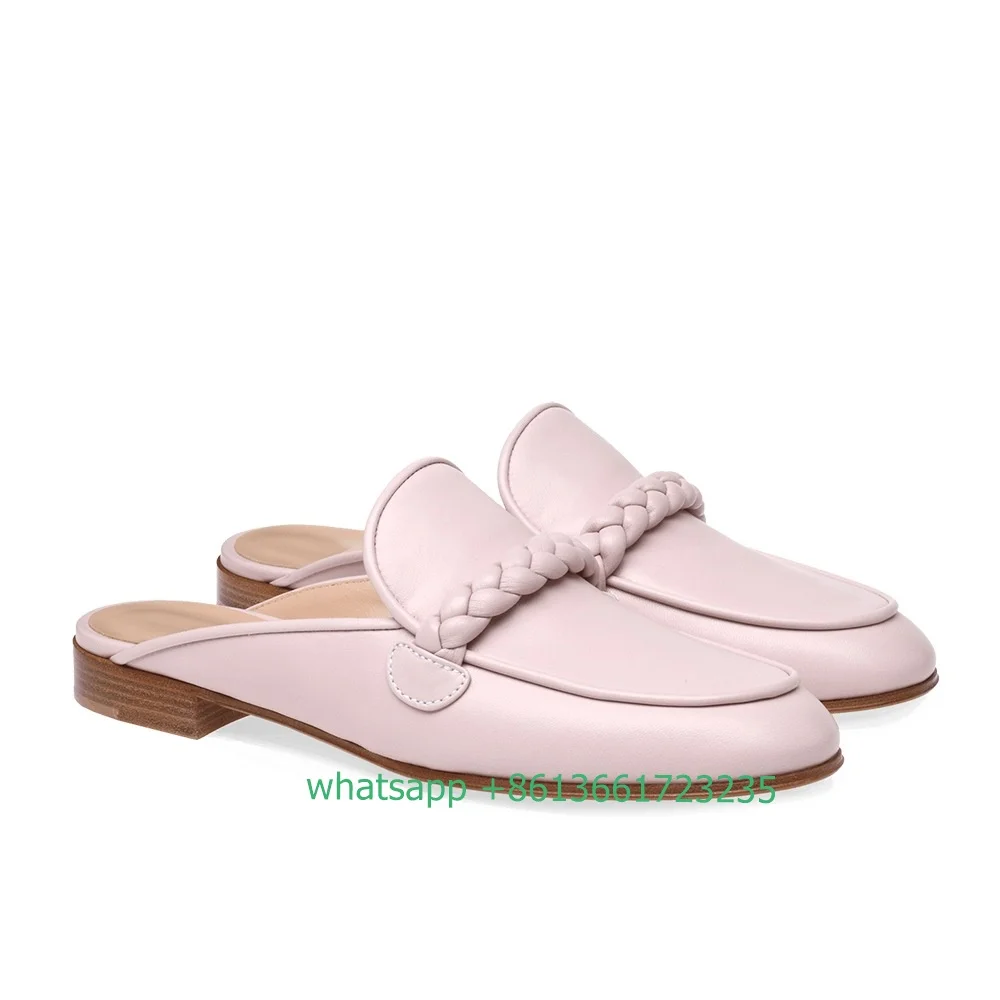 

Black/pink PU Flat Slippers Slip On Weave Round Toe Shoes Outside Fashion Simple Women Flat Sandals 2024 Summer New Comfy Shoes