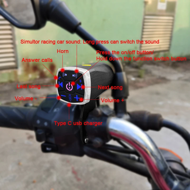 Motocyklowa wspaniała kierownica Bluetooth Audio elektryczny róg kierunkowskazu Audio analogowe do szybkiego ładowania telefonu dźwiękowe