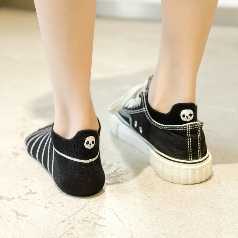 5 paar geborduurde panda korte sokken dames schattige cartoon dier zwart witte enkelsokken heren katoen mode gestreepte bootsokken
