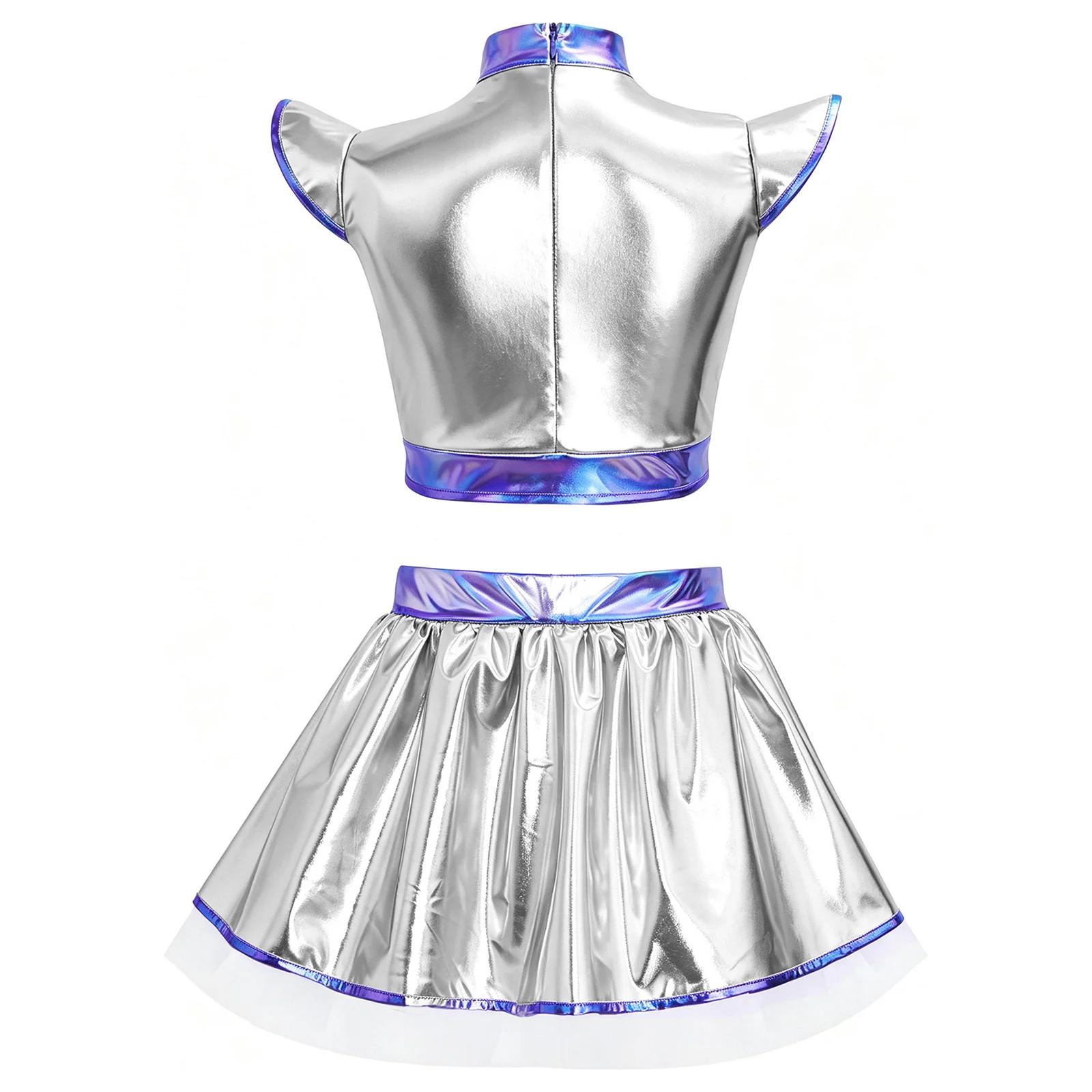 Mädchen-Cheerleader-Kostüm, Alien-Cosplay, Jazz-Hip-Hop-Cheerleading-Outfits, metallischer Reißverschluss hinten, bauchfreies Oberteil, mehrlagiger Rüschenrock – Detail 5