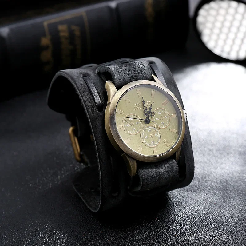 2024 Men\'s Watches Punk Retro Decorative Wide Strap Watch Male Clock Leather Bracelet Quartz Military Man WristWatch Men Watch