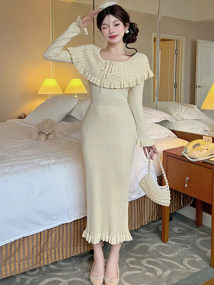 الخريف الشتاء المرأة التفاف فساتين محبوكة الإناث موضة أنيقة حبة الكشكشة كم طويل غمد تريكو مكتب Bodycon فستان