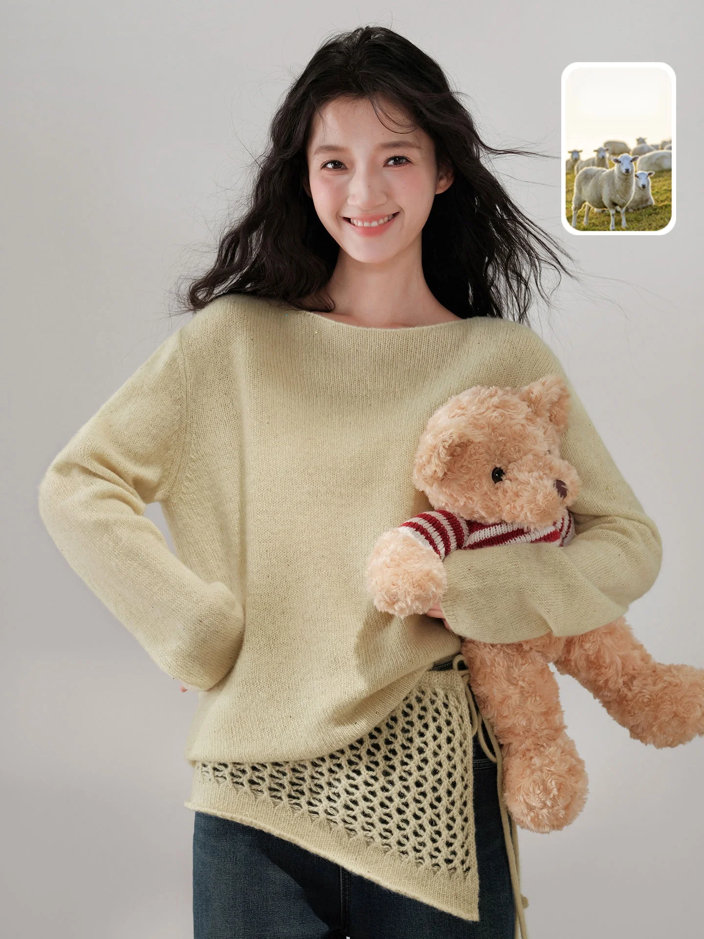 

Мягкий теплый шерстяной вязаный свитер с вырезами на плечах и накидкой, комплект из двух предметов, женский, с круглым вырезом, длинными рукавами, повседневная одежда