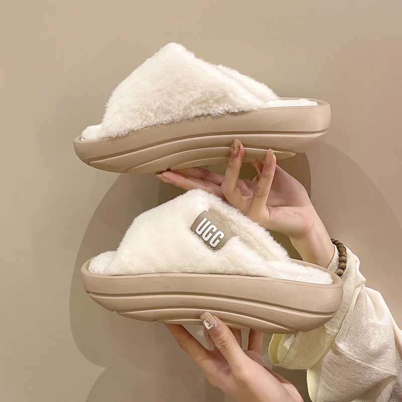 Autumn Winter Fur Slippers for Women New Designer Korean Warm Cotton Shoes Female Fashion Casual Solid Color Luxury Shoes Ladies