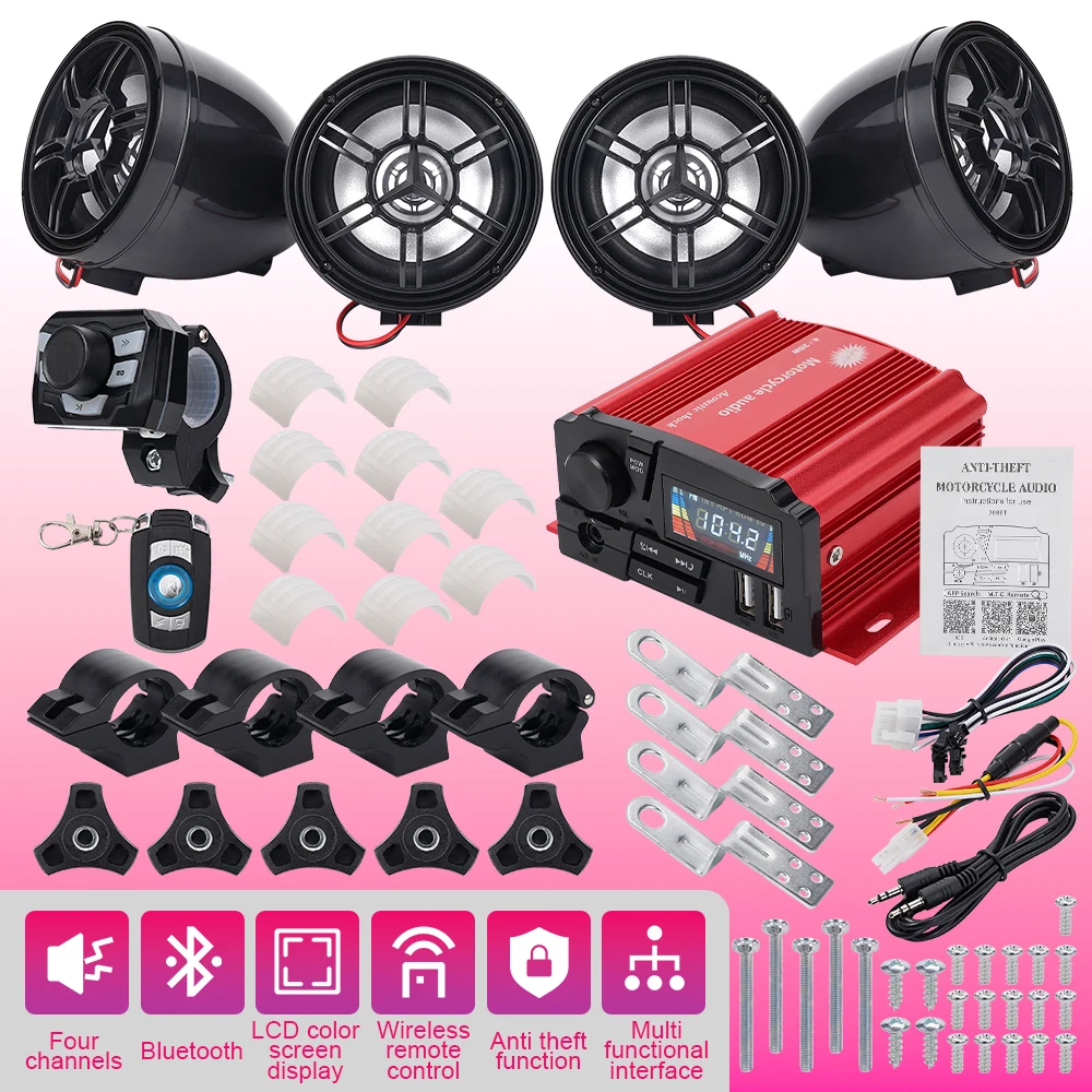 1Set Motorcycle Bluetooth Stereo Kit 12V 100W 4CH 4 Speakers LCD Color Screen Dual Remote USB TF AUX Handsfree Call Anti-Theft