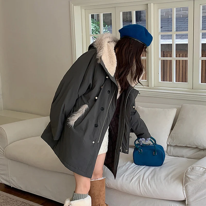 2025 New American Retro Fur Collar Hooded Jacket Women Winter Plush Patchwork Down Cotton Street Mid-Length Cotton-Padded Parkas