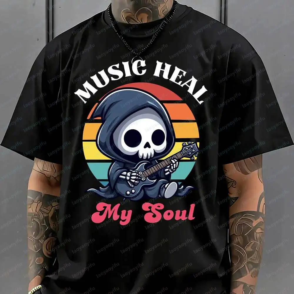 Funny Music Heal My Soul Grim Reaper Guitar T-Shirt Retro Sunset Rock Print Cotton Casual Tee for Men Music Lover Graphic Tops