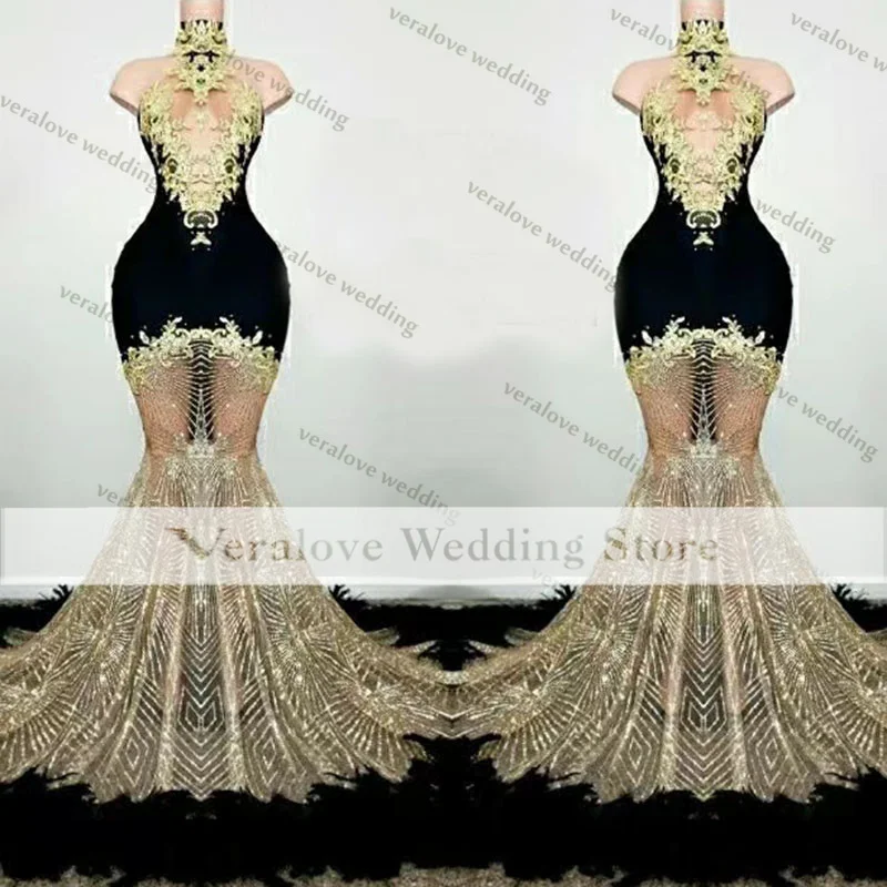 Sparkly Black Mermaid Avondjurk Hoge Hals Veer Kralen Sexy Luxe Prom Jassen Dubai Vrouwen Formele Partij Jassen