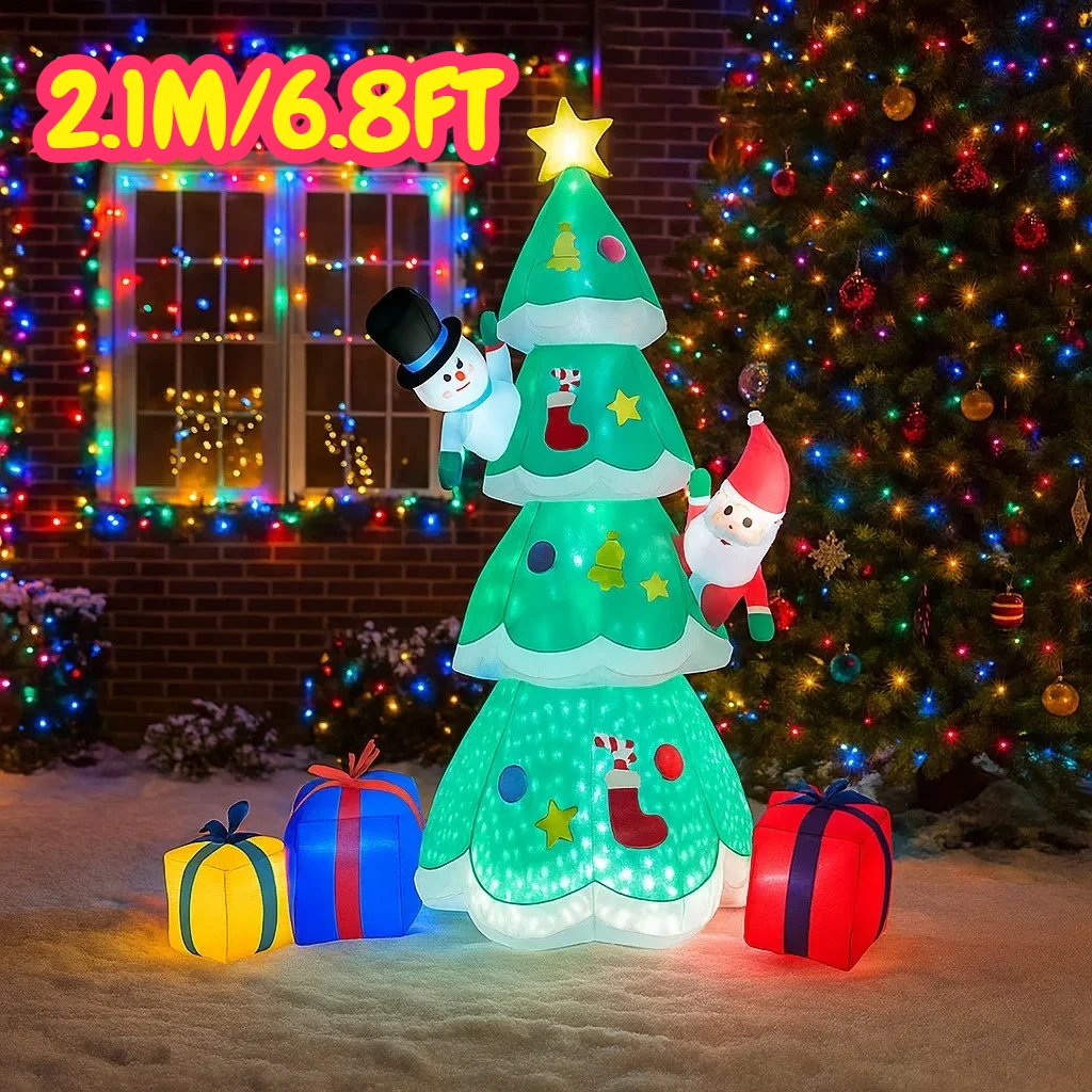 Árbol de Navidad inflable de 2,1 M/6,8 pies, Papá Noel, muñeco de nieve, Cajas de Regalo, luces LED, decoración del hogar, juguetes, patio, decoración de iluminación navideña