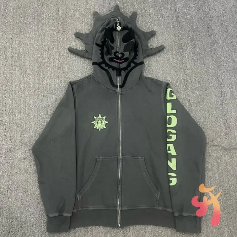 High Street Grey Cartoon Indian Print Glo Gang The Glory Jackets Casual Men Women Towel Embroidered Clown Mask Zipper Hoodie