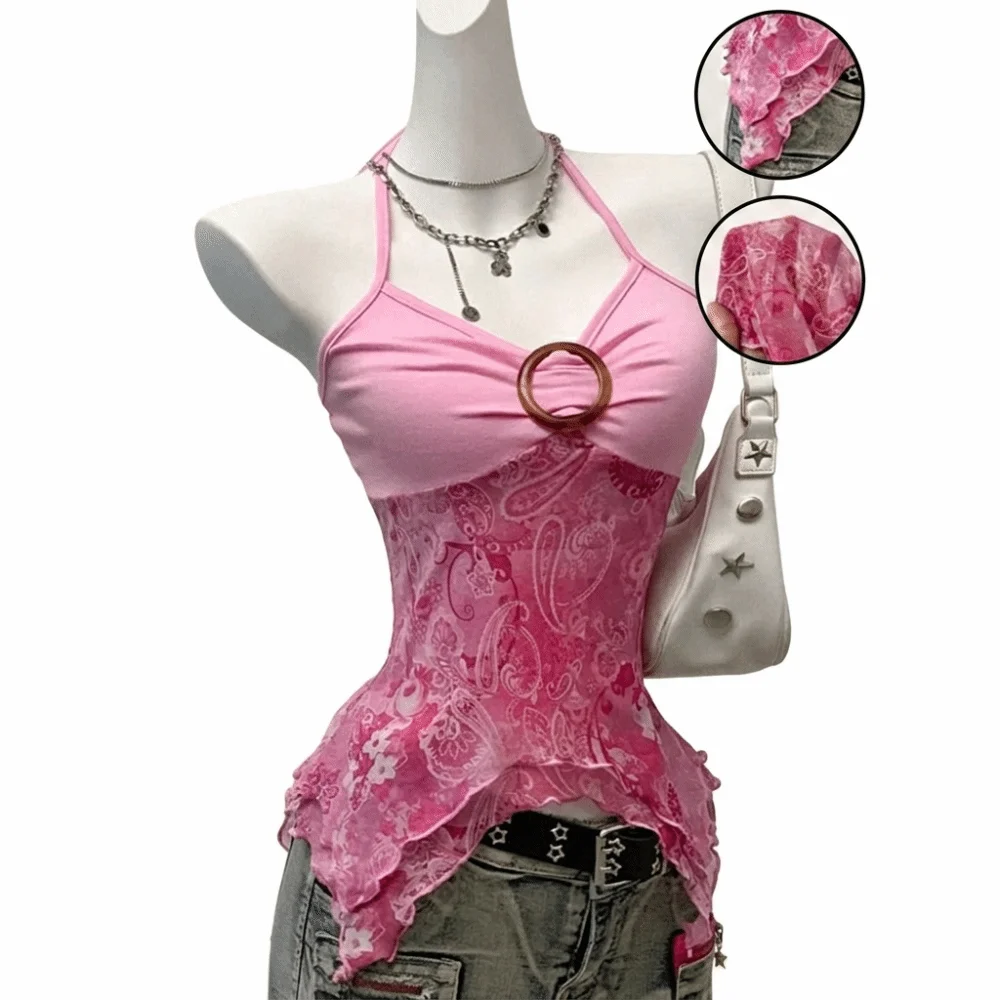 Trendy Printed Mesh Halter Cami Top Ruched Bust Asymmetrical Hem Tank Tops Spaghetti Straps Sheer Overlay Crop Tops Casual Wear