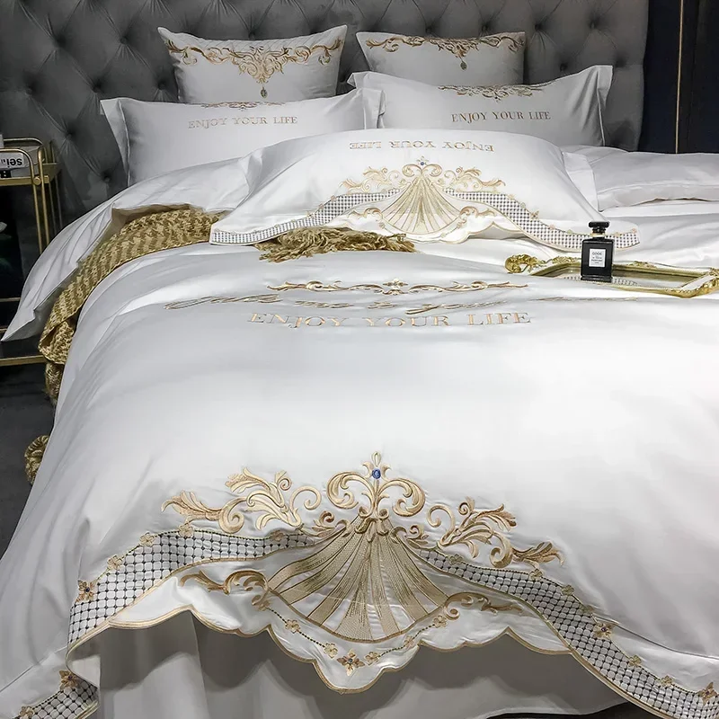 New Luxury White 600TC Egyptian Cotton Royal Embroidery Palace Bedding Set Duvet Cover Bed sheet Bed Linen Pillowcases 4pcs #/L