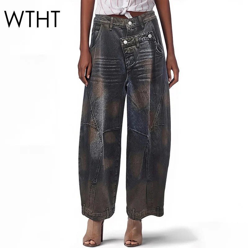 

WTHT Винтажные модные женские джинсы с асимметричным поясом, эффектом потертости, широкими штанинами, весна 2026, с высокой талией, джинсовые брюки для женщин 1LS2985