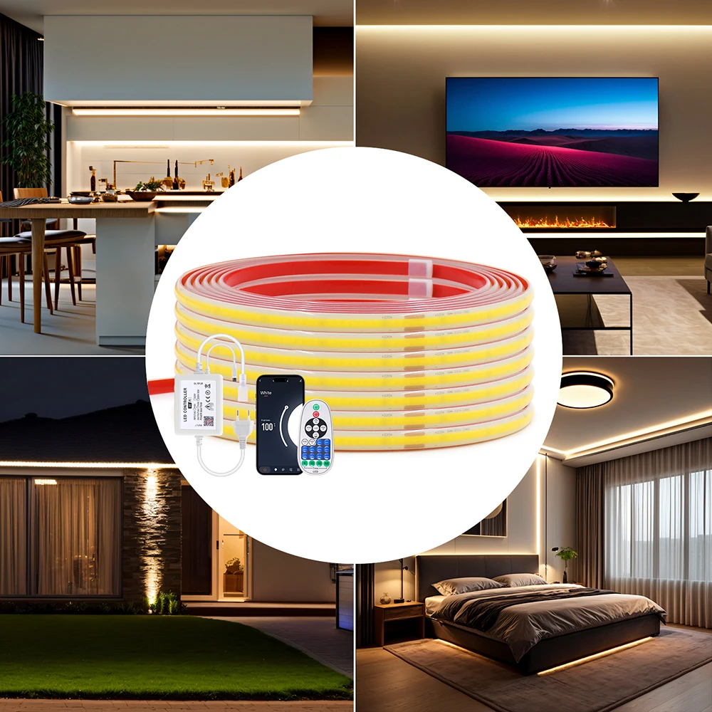 Dimmable 220V COB LED Strip Light WIFI Bluetooth Wall Touch 23key Remote Control Power Kit 288LED Flex Tape IP67 Waterproof Lamp