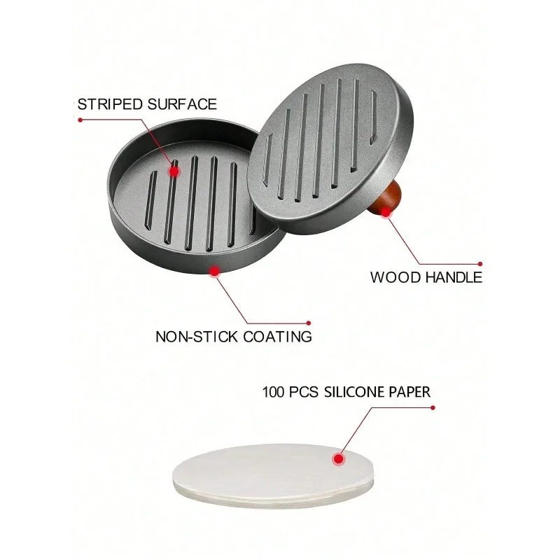 Burger Patty Press, Aluminum Alloy Manual Burger Maker with Filling Tool, Black Handle, Hamburger Mold for Breakfast Pancake view 6