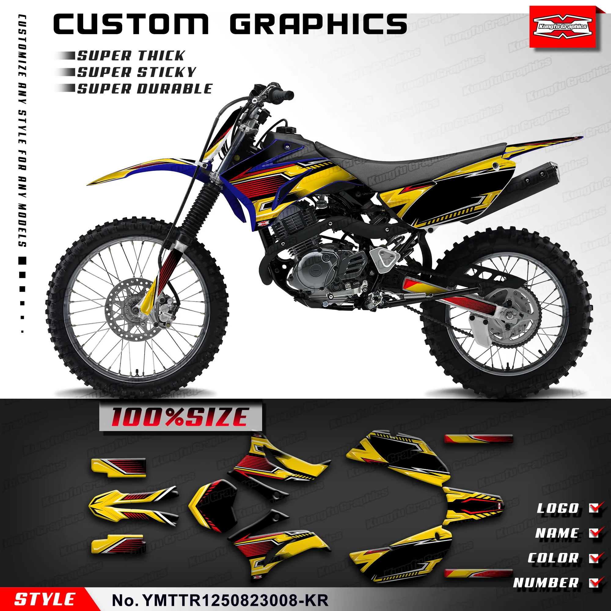 KUNGFU GRAPHICS Dirt Bike Custom Vinyl Stickers MX Motocross Decal for Yamaha TTR 125 2008-2023, YMTTR1250823008-KR