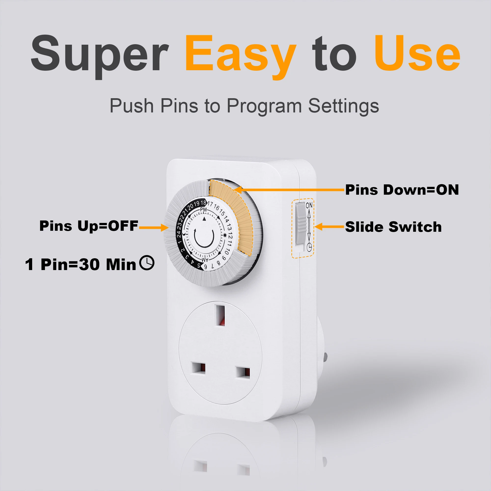 مفتاح توقيت 3 سنون في المملكة المتحدة - مقبس ساعة توقيت التيار الكهربائي لمدة 24 ساعة، تشغيل/إيقاف تلقائي للأضواء والأجهزة الصغيرة، برنامج سهل #6