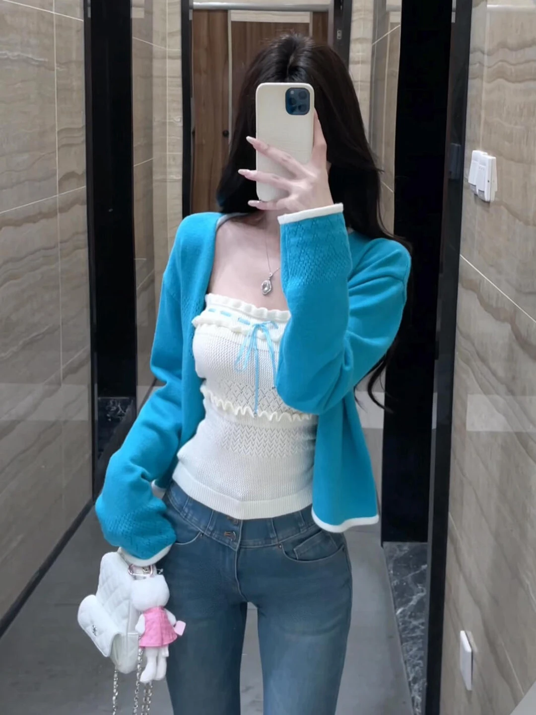 Sweet And Spicy Girl White Strapless Vest Women's Spring Outfit Loose Short Knitted Cardigan Two-Piece Set Soft Viscose Polye...