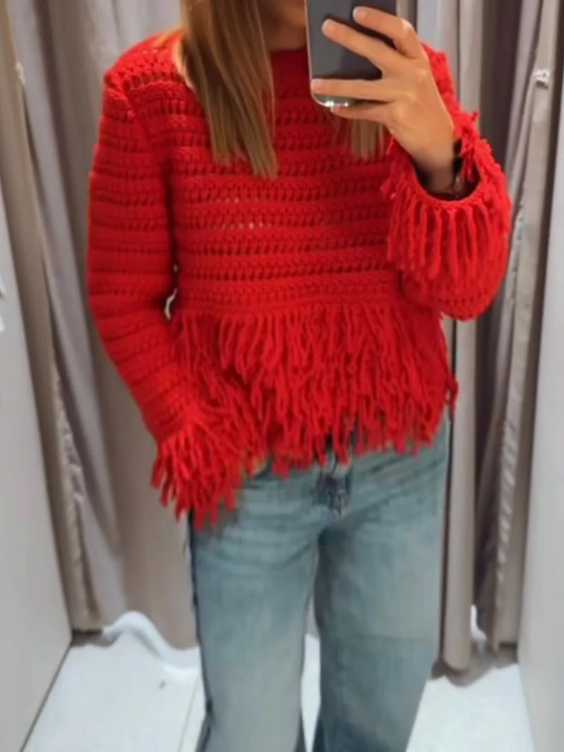 Women Vintage Red Slim Sweater Jumper New Korean Fashion Tassel Knitted Sweater Pullovers Women Long Sleeve Tops Autumn Winter