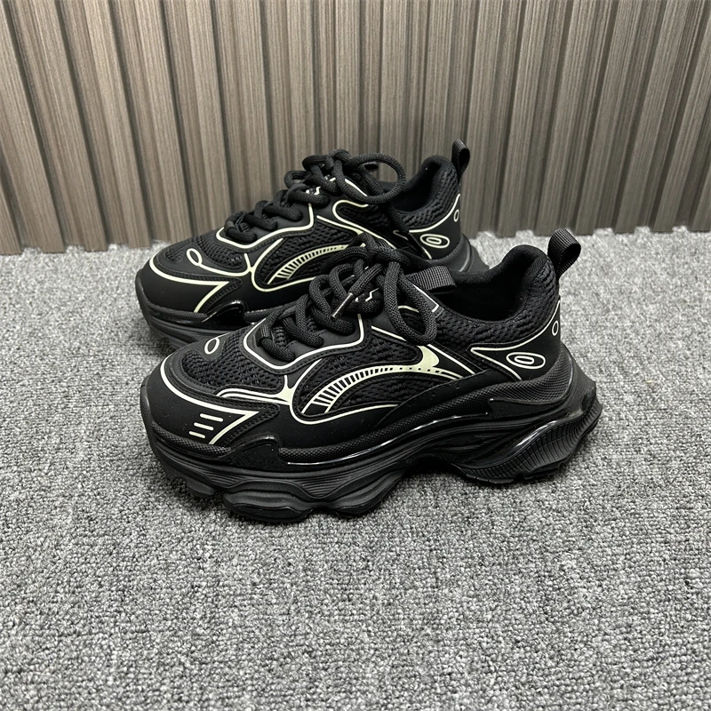 

Spring 2025 Brand Sports oes Women's Dad oes Thi Bot Net Cloth Genuine Leather Faionable Bla Casual oes