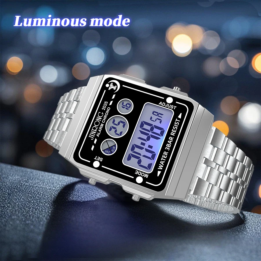 ساعة رقمية من الفولاذ المقاوم للصدأ للرجال - شاشة LED متعددة الوظائف، كرونوغراف مضيء مع منبه، (30 متر)، طراز كاجوال