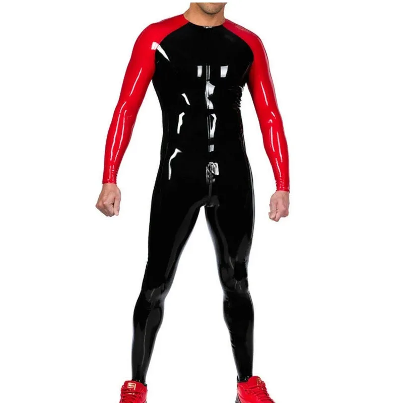 

Latex Catsuit Handmade Black with Red Rubber Bodysuit with Crotch Zipper for Men Women Race Suit Customize Latex Suit