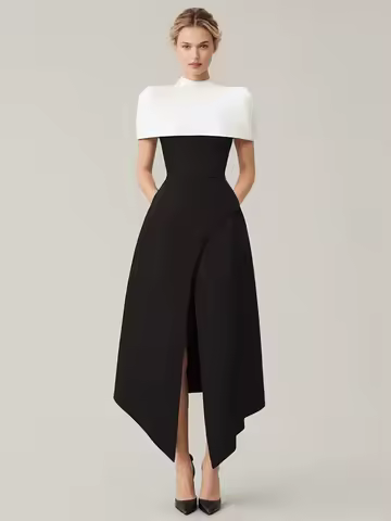 Colorblack Slimming Elegant Long Dress Women Square Collar Sleeveless High Waist Pleated Evening Dresses Female Style New