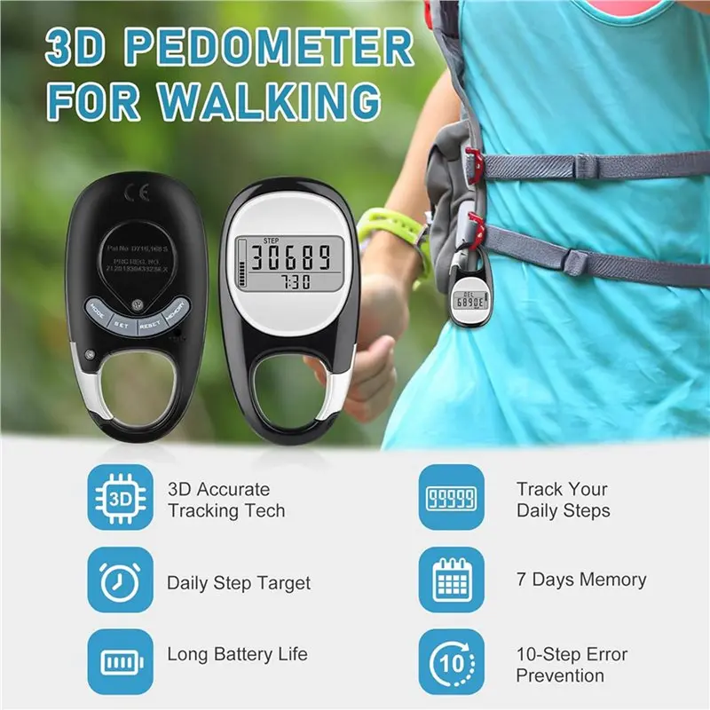 T22C 3X 3D Pedometer For Walking Steps And Miles, Portable Step Counter For Walking With Distance