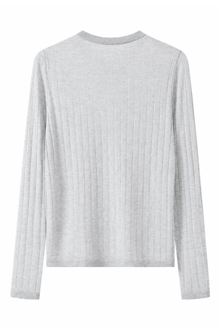 BL3621777 Damen-Cardigan mit Rundhalsausschnitt aus Wollmischung, Langarm, schmale Passform, Kontrastbesatz, Muschelknöpfe, Schulterkette, Frühherbst – Detail 17