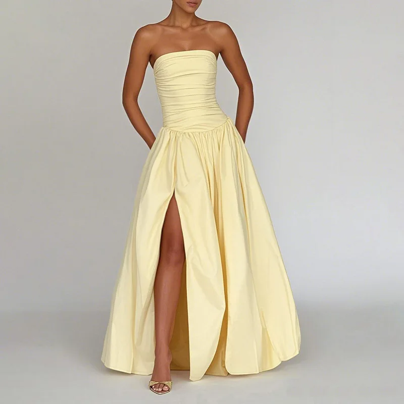

Design Sense: One Shoulder Slit Dress, Sexy Strapless Dress, Waist Cinching Slim Fit Long Dress