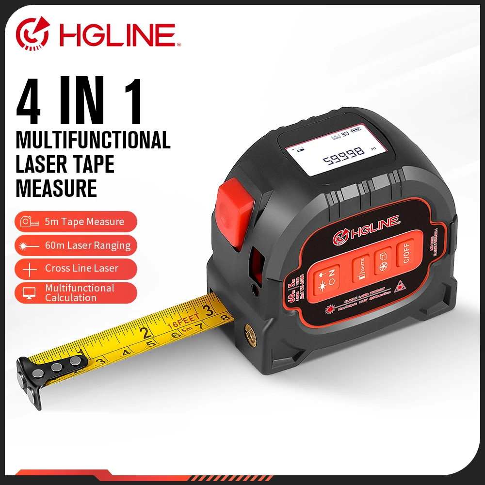 HGLINE 4 In1 60M Laser Tape Measure 5M Tape Measure Ruler LCD Power Display Electronic Ruler Laser Rangefinder Measure PowerTool